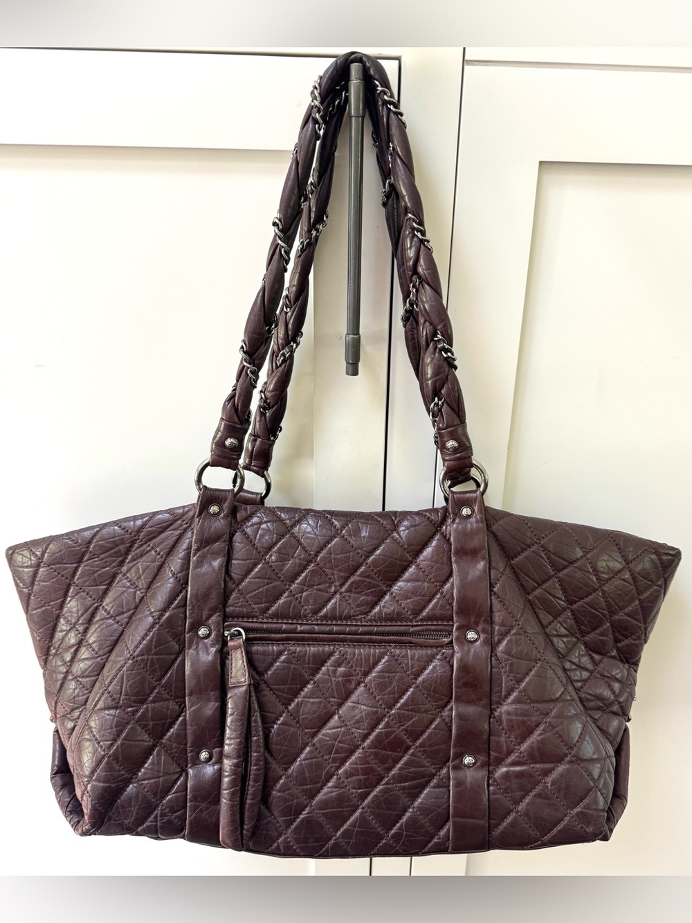 CHANEL Vintage Quilted Leather XL Tote Deep Plum Slouchy Shoulder Bag - Picture 3 of 14